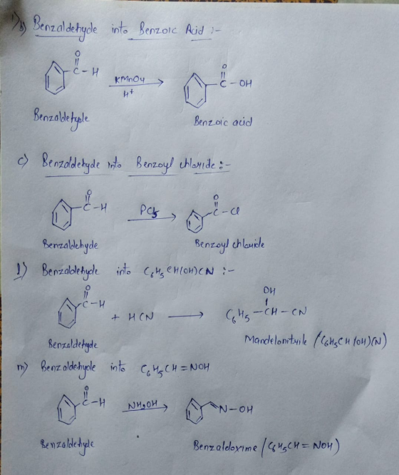 de into Benzoic Acid s- KMnOy OH O Benzalde typle Benzoic acid c) Benzaldehyde into Benzoyl chloride : - Olu pola 1 Benzaldeh