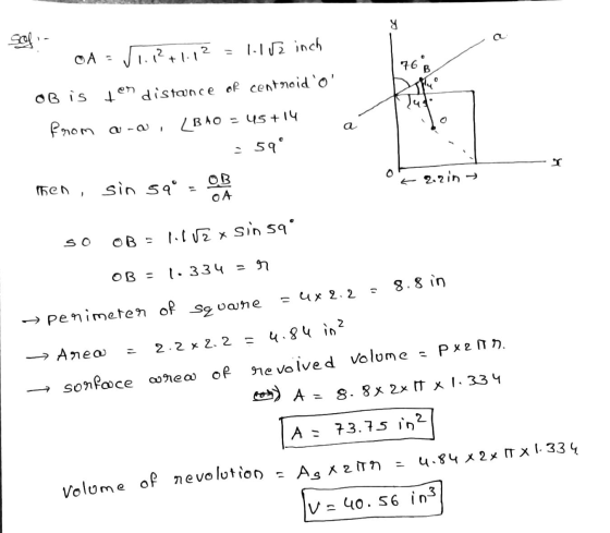 Х Sof A = 1.1 inch √1. 1²+1.12 768 TH OB is ten distance of centroid o Prom -a = 45 +14 LBAO = 59° 2.2in → then, sin 59 -