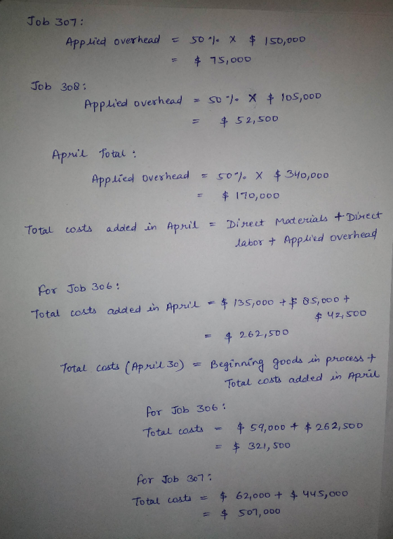 Job 307 Applied overhead 50% X $ 150,000 = = $ 75,000 Job 308 Applied overhead = 50). X # 105,000 = $ 52,500 April Total: App