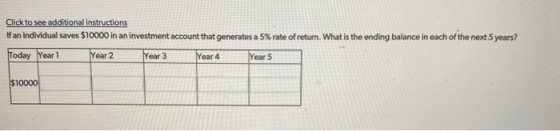Click to see additional instructions If an individual saves $10000 in an investment account that generates a 5% rate of retur