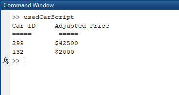 Command Window >> usedcarScript Car ID Adjusted Price 299 132 $42500 $2000