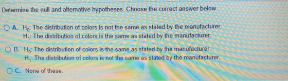 Determine the null and alternative hypotheses. Choose the correct answer below. O A. He: The distribution of colors is not th