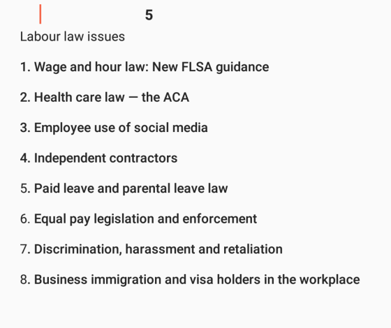 5 Labour law issues 1. Wage and hour law: New FLSA guidance 2. Health care law- the ACA 3. Employee use of social media 4. In