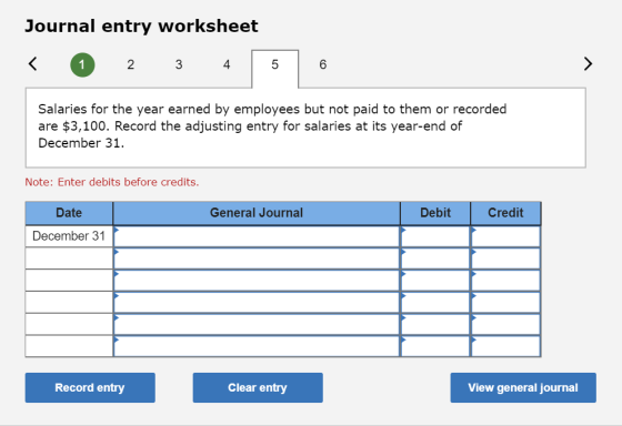 Journal entry worksheet < 1 2 3 4 Salaries for the year earned by employees but not paid to them or recorded are $3,100. Reco