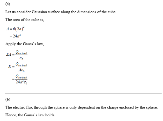 Let us consider Gaussian surface along the dimensions of the cube The area of the cube is, A 6(2a) -24a Apply the Gausss law