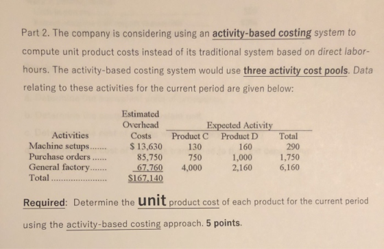 Part 2. The company is considering using an activity-based costing system to compute unit product costs instead of its tradit