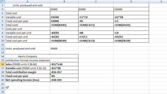 D E 85000 105000 =C2*08 =B5 =SUM(C4:C5) =D2*D8 =C5 =SUM(D4:05) A B 1 Units produced and sold 2 65000 3 Total cost 4 Variable
