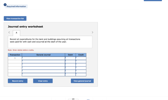 Required information View transaction list Journal entry worksheet > A Record all expenditures for the land and buildings ass
