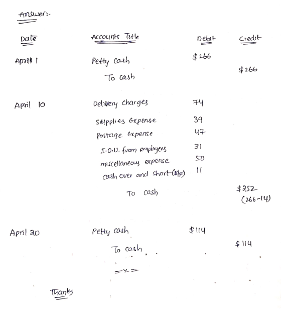 Ansuer Date Accounts Title Debit Credit Aprit $166 Petty cash 266 To cash April lo Deliveny charges Seipplies Expense 39 Post