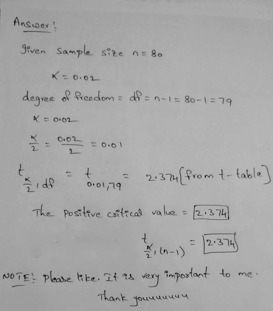 Answer! given Sample size n=80 -0.02 degree of freedom = df = n-1=80-1=29 X = 0.02 0.02 ایم -0.01 2 t 1 df t 0.01,29 2.374 (f
