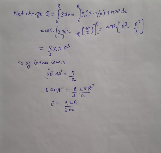 Net charge 8 = sdr=[&.(3-4/2) And =»18.29.3 * (21) 478.1 R250 = 88. TRS 3 so by Gauss Lawa fe da = g E40R² = & STR
