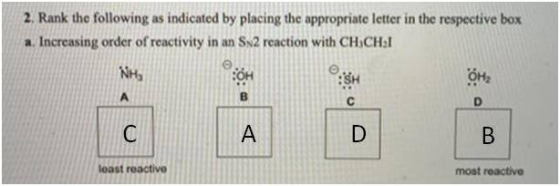 2. Rank the following as indicated by placing the appropriate letter in the respective box a. Increasing order of reactivity
