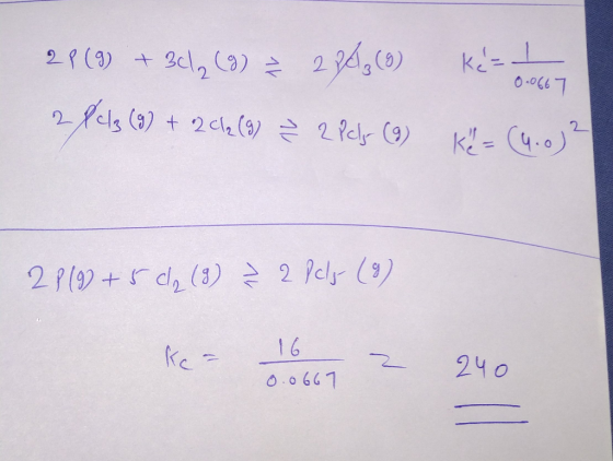 28 (9) + 3Cl2 (9) ¥ 2343 (9) kért 213 (9) + 2Cl2 (9) Ž 2 Pely (9) K = (4.0)2 0.0667 28 (9) +5 c2 (9) } 2 Pcly (9) ke 1.6667 z