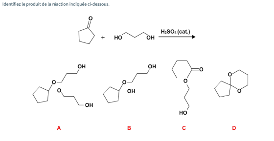 Identifiez le produit de la réaction indiquée ci-dessous. H2SO4 (cat.) + HO OH avo