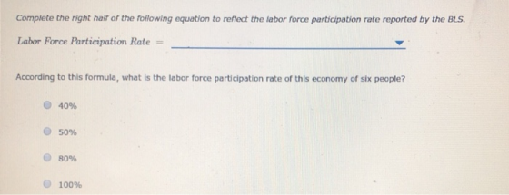 Complete the right half of the following equation to reflect the labor force participation rate reported by the BLS. Labor Fo