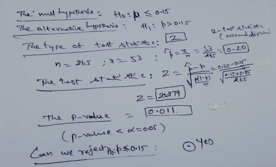 The hull hypotherix : Houpa Sous The Alternative hypothesis a The type of tett stet stica Hi þ>015 12 2- test statistic (Noru