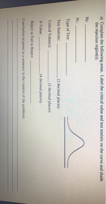 a) Complete the following areas. Label the critical value and test statistic on the curve and shade the rejection region(s).