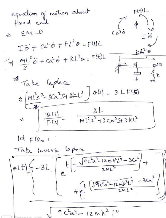 FLOL equation of motion about fired and EMPO Iöt cał otklo = FCHL 5 MLötcão + klo = F(t)L— > :o do Take laplace » (M+S 2+36a