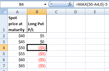 fMAX(50-A4,0) -5 В4 В C E Spot price at Long Put 1 maturity P/L $40 $5 2 $45 $0 ($5) ($5) ($5) ($5) $50 4 $55 5 $60 6 $65 7 L