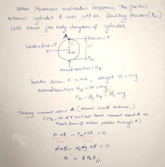 When Maximum acceleration happens, the friction between cylinder & cast will be limiting Fricdons (FM) Lets Draw free body d