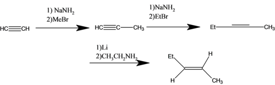 1) NaNH,
2)MeBr
1 NaNH,
2)EtBr
> HEC-CH3 —
HCECH
>
—
—
CH3
2CH,CH,NH,
1) Li
2)CH,CHÁNH,