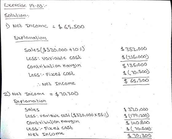 Exercise 19-03:- Solutions D Net Income $65,500 Explanation $352,000 $(216,000) $1361000 $(10,500) $ 65,500 sales($320,000 +1