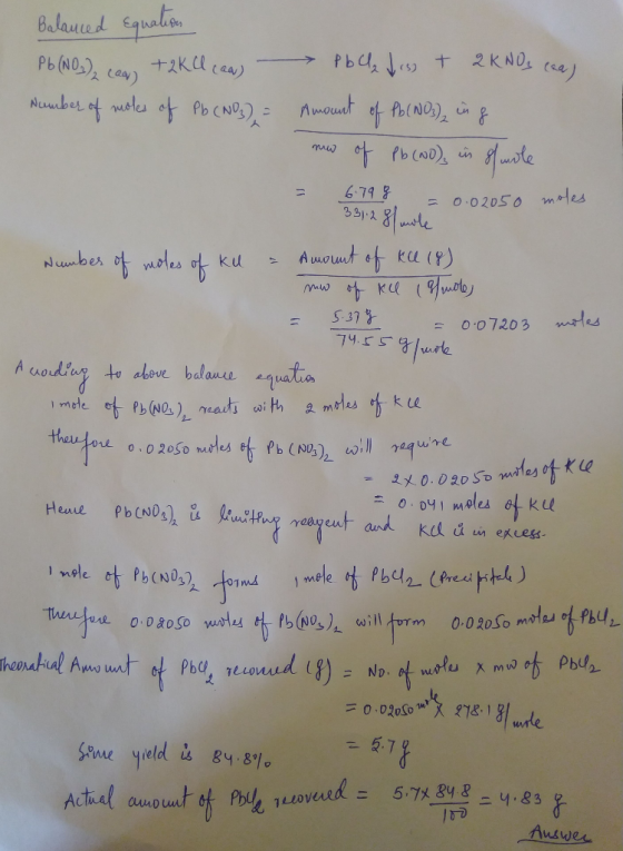 Bakanud Equalien Pbue t2 KNO e +2Klcaa) Pb(N0) Auuber of mela ot Pb CN Amouct fPb(No) 6-79 & 0.02050 mHes Auout t Ku () oles