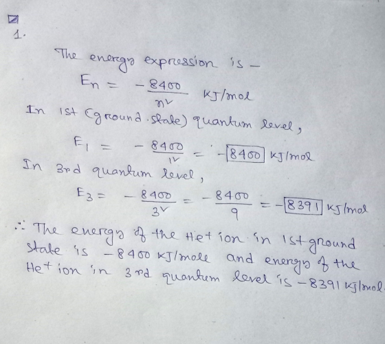 The energ expression is En 2400 KJ/mol ist Caround sRale) Tuankum ovel In - 8400 8400 KJImo 1V In 3rd quankum avel, 8400 8 40