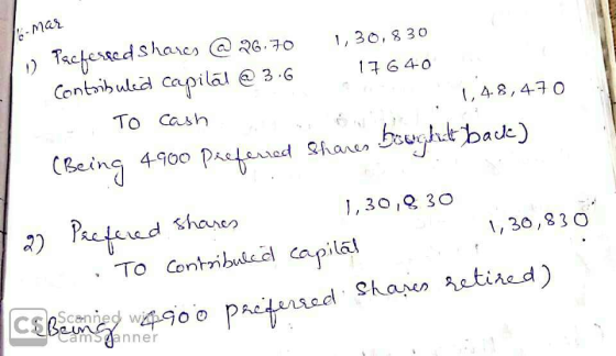 6-mar ) Tacferted shares @ 26.70 Contribulid Capilāl @ 3.6 1, 30,8 30 17640 To Cash 1,48,470 Sharen bought back) 4900 Paeferr
