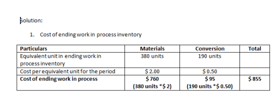 Total Solution: 1. Cost of ending work in process inventory Particulars Materials Equivalent unit in ending work in 380 units