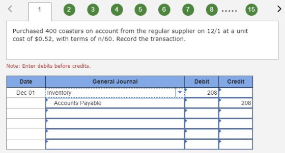Purchased 400 coasters on account from the regular supplier on 12/1 at a unit cost of $0.52, with terms of n/60. Record the t