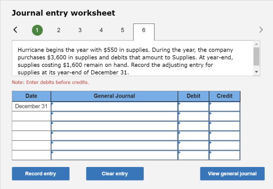 Journal entry worksheet < 1 2 3 4 5 | 6 | Hurricane begins the year with $550 in supplies. During the year, the company purch