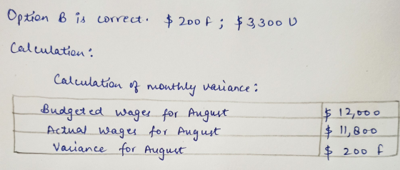 Option B is correct. $20of; $3,300 Calculation: Calculation of monthly variance? Budgeted wages for August Actual wages for A