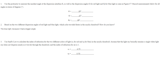 1. Use the protractor to measure the incident angle at the dispersion interface 0i, as well as the dispersion angles 0, for r