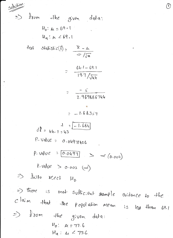 solution 0 from the datai given Ho! W.69.1 Hail 269.1 test statistic(f) X -u - 15h 64:1-69.1 19.7/Jun -5 2.969886744 -1,68357
