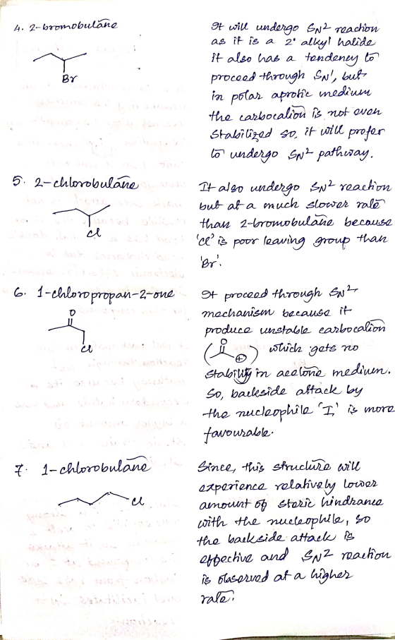 4. 2-bromobuláne ni BO It will undergo SN2 reaction as it is a 2° alkyl halide it also has a tendeney co proceed through Sn,