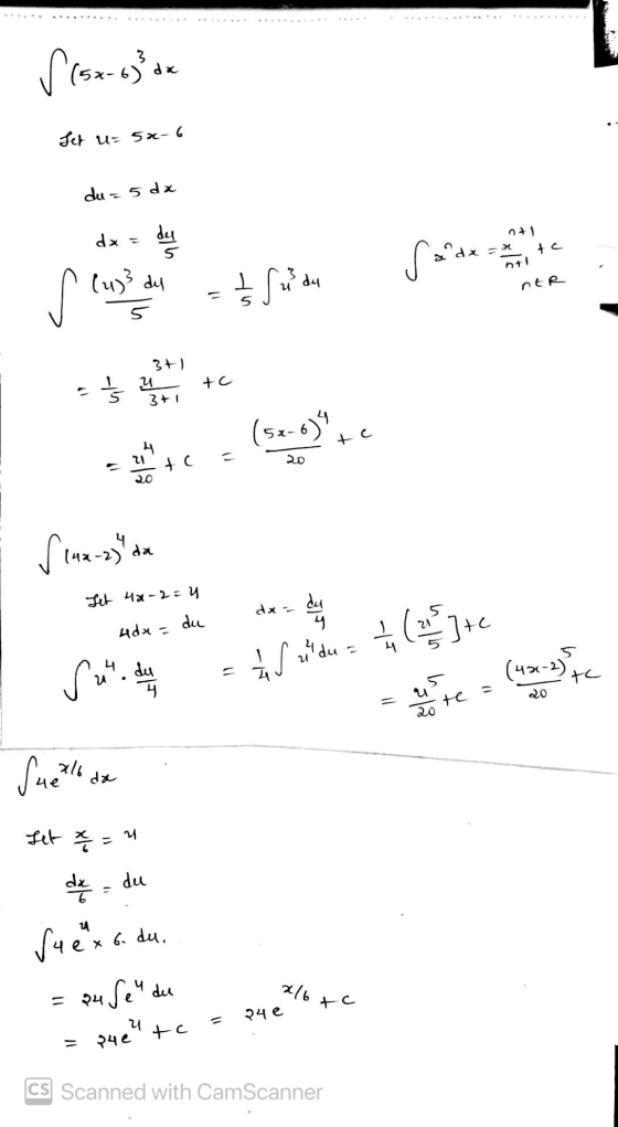 x16tc ſ (5x-6²dx Let u=5x6 du = 5 dx dx = dy dx = tc Sadx (u)3 dy Surdu nER 5 3+) 4 3+1 tc ut 4 (52-0) tc 21 to 20 ✓ 14x-2)