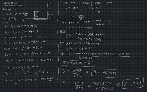 we Centre of mass Thursday, July 30, 2020 8:28 AM know centre of man 11 given X = { mx thicknen ☺ = Emy M M O 225 mm perpendi