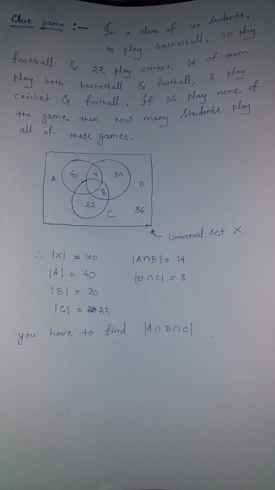 Clue game 1oo In 30 40 football & play cricket. class of students, basketball, play 14 of them & football, play none Students