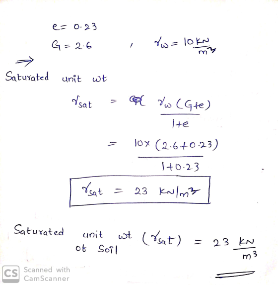 e=0.23 G = 2.6 = 2.6 , Ves = 10 Kempen = 10 kn my Saturated unit wt dsat = col to CGte) lite = 10x (2-640-23) 1+0.23 Vsat = 2
