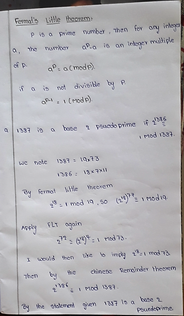Fermats Little theorem P is a prime number, Then for any intege a, the numbeY aP.a is an integey multiple of P. a a(modp) if