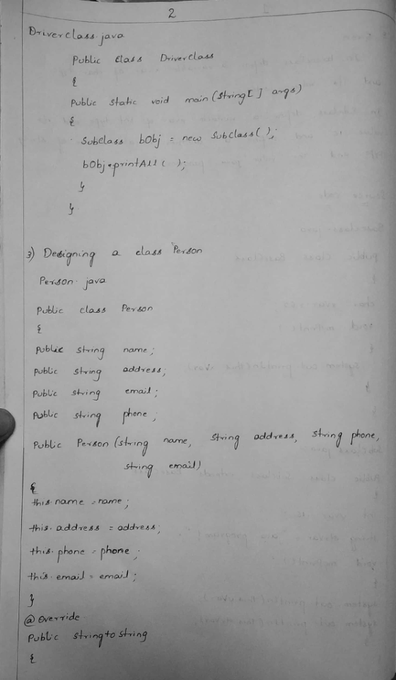 2 Drivey class javo Poblic Etass Driverclass Puble statie void main (Sting t J a7) Sobclass bobj nes sot class( ) Dedigning a