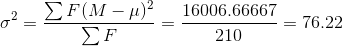 \sigma ^2=\frac{\sum F(M-\mu)^2}{\sum F}=\frac{16006.66667}{210}=76.22