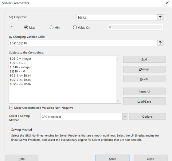 Solver Parameters Х Set Objective: $G$12 To: бMax O Min O Value Of: By Changing Variable Cells: $D$10:$E$10 Subject to the Co