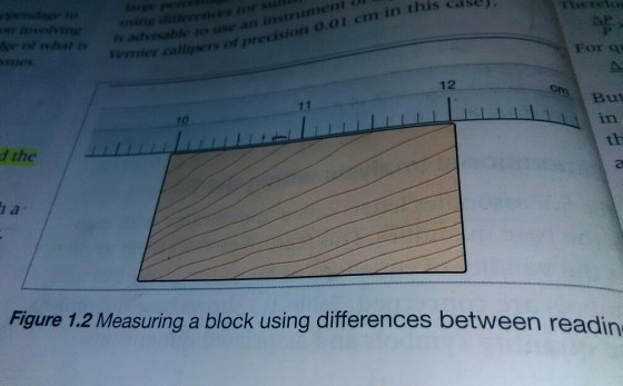 in this case n o.ol cm Vermier callipers of pr For a 12 But in th 10 d the Figure 1.2 Measuring a block using differences between readin