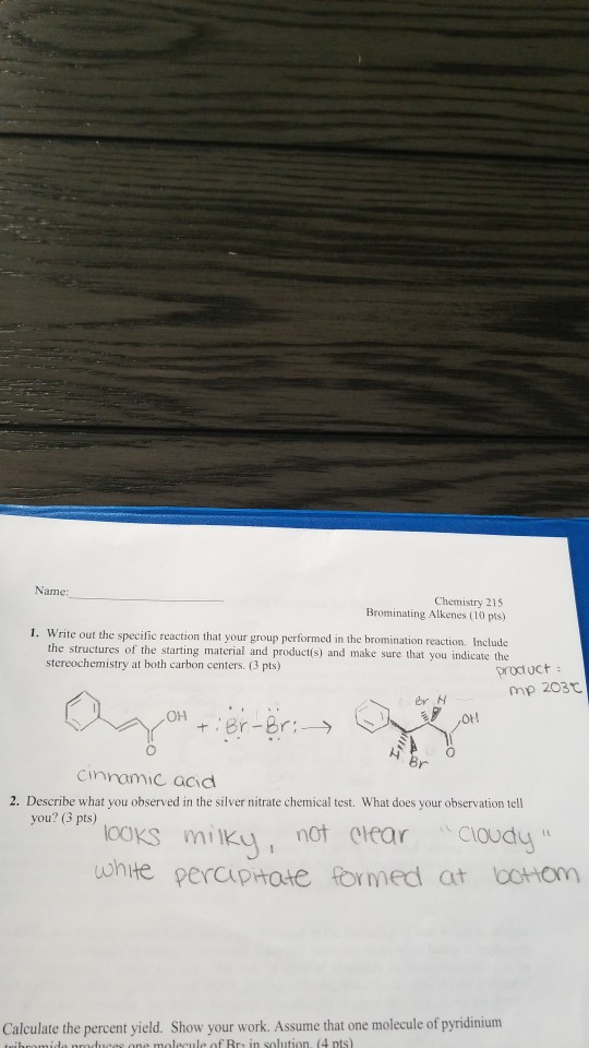 Name: Chemistry 215 Brominating Alkenes (10 pts) 1. Write out the specific reaction that your group performed in the brominat
