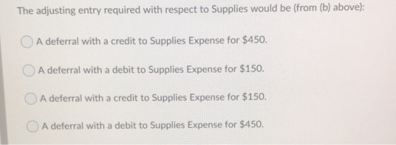 The adjusting entry required with respect to Supplies would be (from (b) above): A deferral with a credit to Supplies Expense