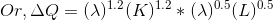 Or, \Delta Q = (\lambda)^{1.2} (K)^{1.2} * (\lambda)^{0.5} (L)^{0.5}