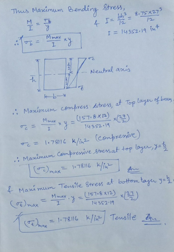 Thus Maximum Bending Stress, 4 s= b = 8.75427 I = 14352.19 int 1 - Neutral anes k-by Maximum compress stress, at Top layer of