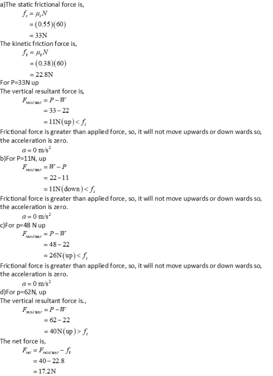 a)The static frictional force is, (0.55) (60) 33N The kinetic friction force is, =(0.38) (60) =22.8N For P-33N up The vertica